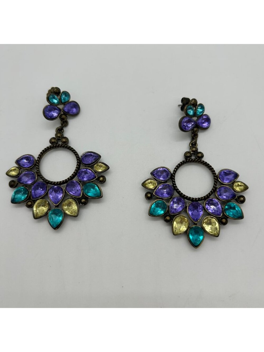 Vintage Rhinestone Dangle Earrings Purple Turquoise Yellow Statement Mardi Gras